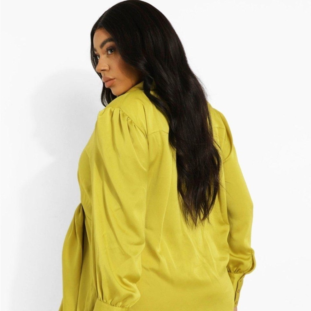 Boohoo Chartreuse Long Sleeve Wrap Dress - Picture 4 of 7